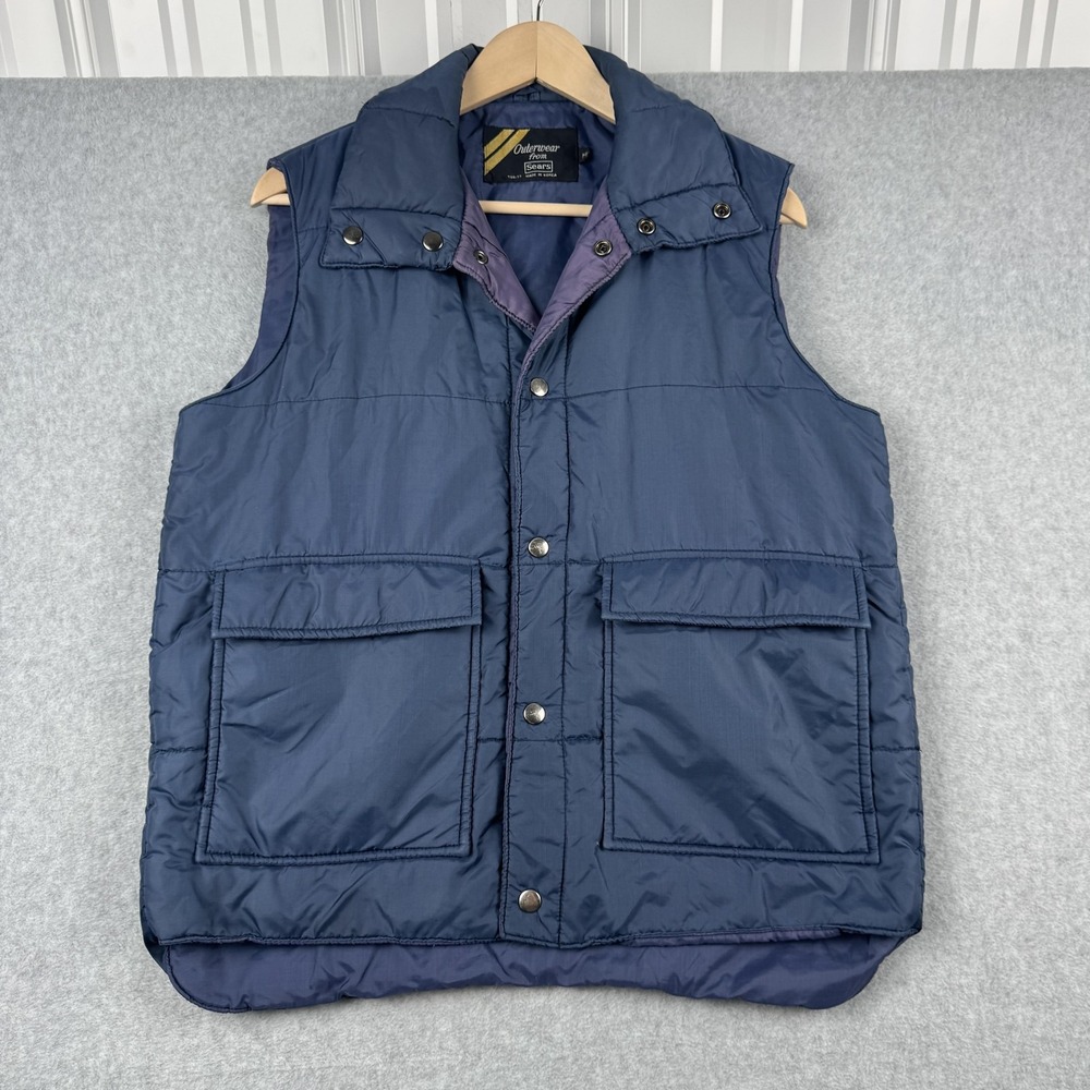 Vintage Sears Puffer Vest Mens Medium Blue Quilted Nylon Snap Front Korea 80s
